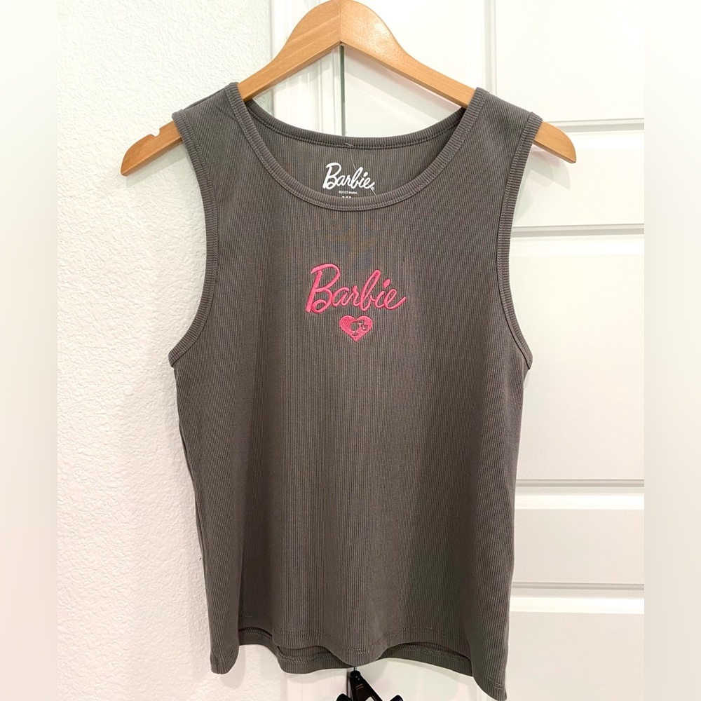 Barbie Grey Stretch Tank Top With Pink Barbie Logo Embroidered NWOT Size XL